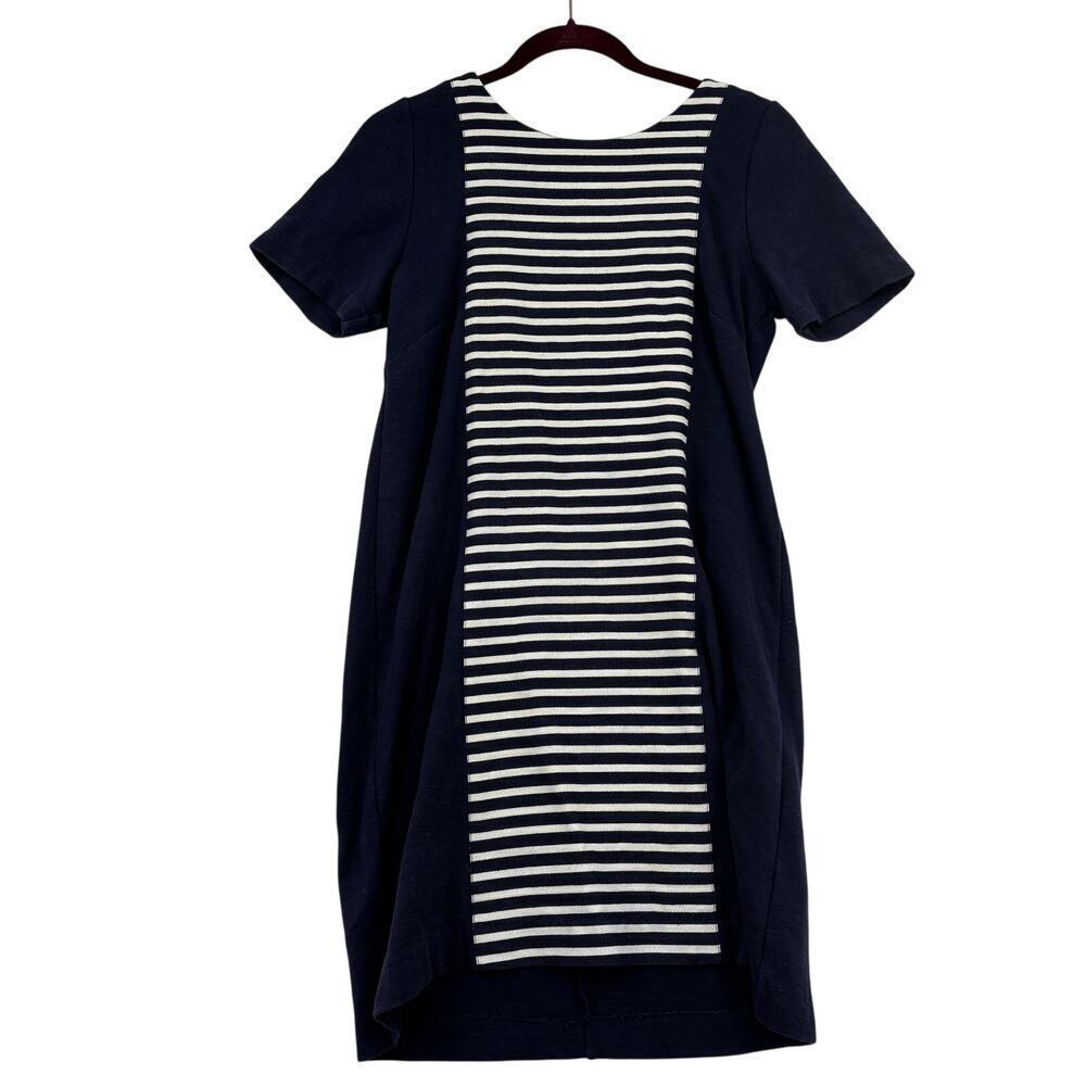 J. Crew Sheath Dress Size 6 Blue Cream Stripe Textured Knit Back Zip Stretch